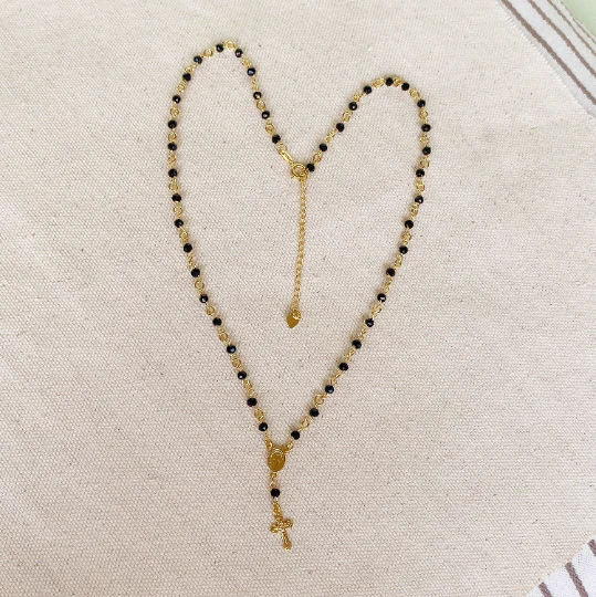 GoldFi - 18k Gold Filled Fashion Rosary Black Crystals Necklace In 18"+ 1.5" Ext Heart Detail On The Back Side, Lady of Grace Medallion And Crucifix - Image 5