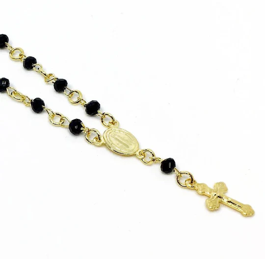GoldFi - 18k Gold Filled Fashion Rosary Black Crystals Necklace In 18"+ 1.5" Ext Heart Detail On The Back Side, Lady of Grace Medallion And Crucifix - Image 6