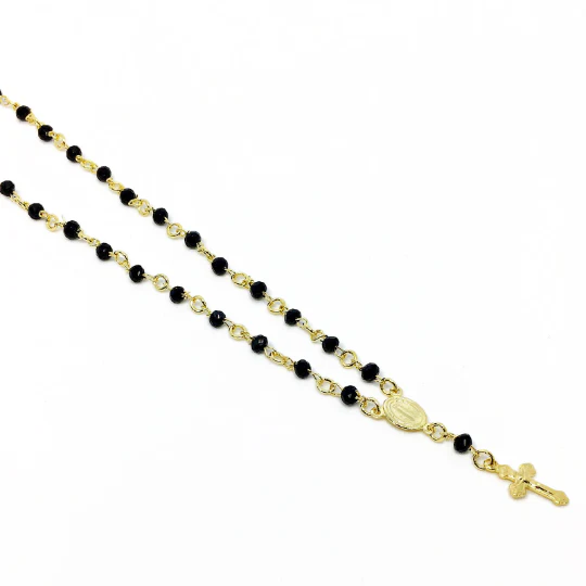 GoldFi - 18k Gold Filled Fashion Rosary Black Crystals Necklace In 18"+ 1.5" Ext Heart Detail On The Back Side, Lady of Grace Medallion And Crucifix - Image 7