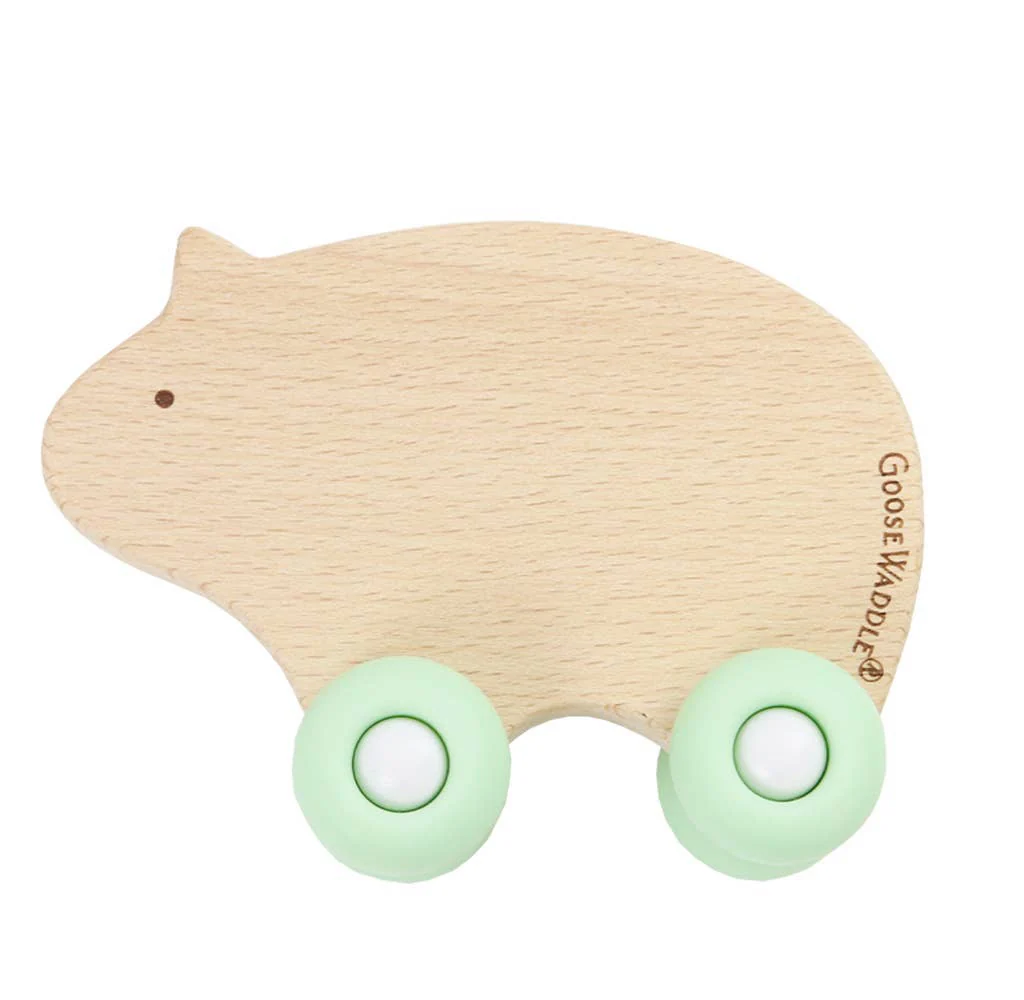 GooseWaddle + Pello - Silicone + Wood Teether with Wheels: Kitty/Pinky Wheels - Image 2