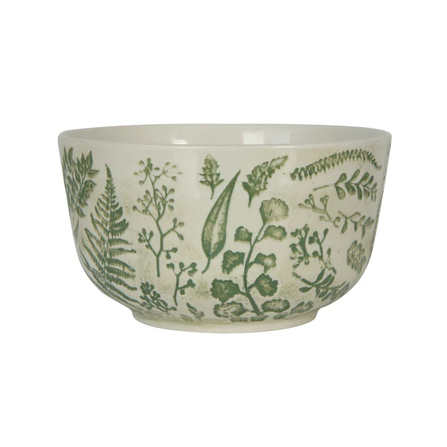 Hand-Stamped Stoneware Bowl, Green with Embossed Pattern