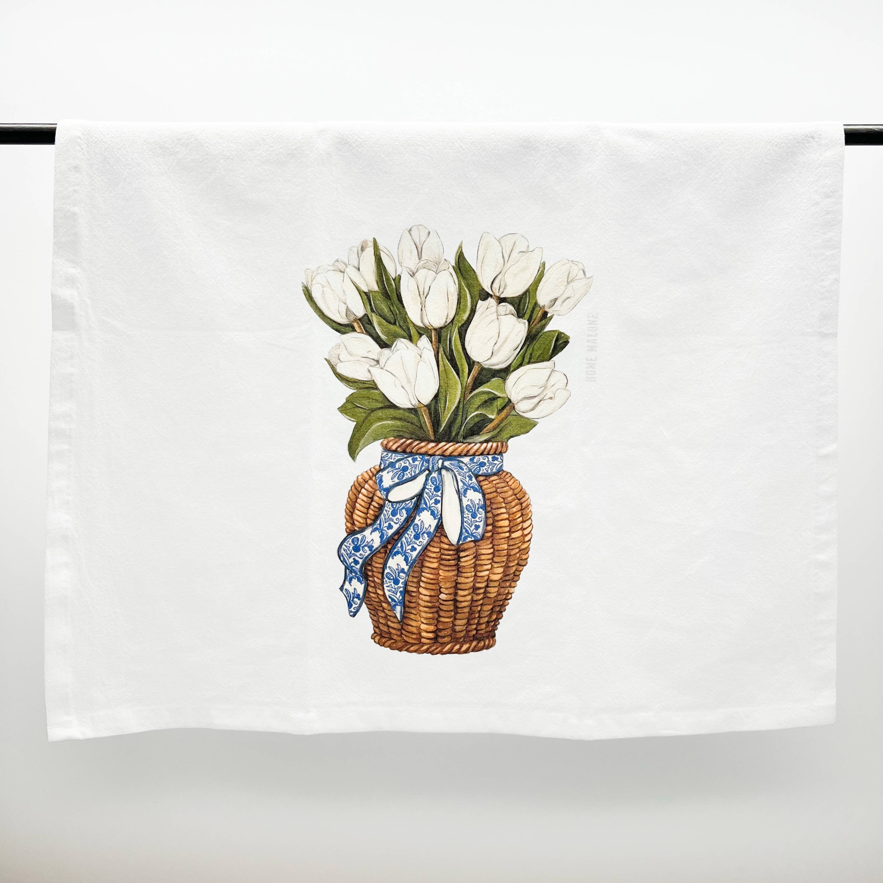 Home Malone - White Tulips Tea Towel-Pretty Floral Spring Flower Basket: Without Towel Band