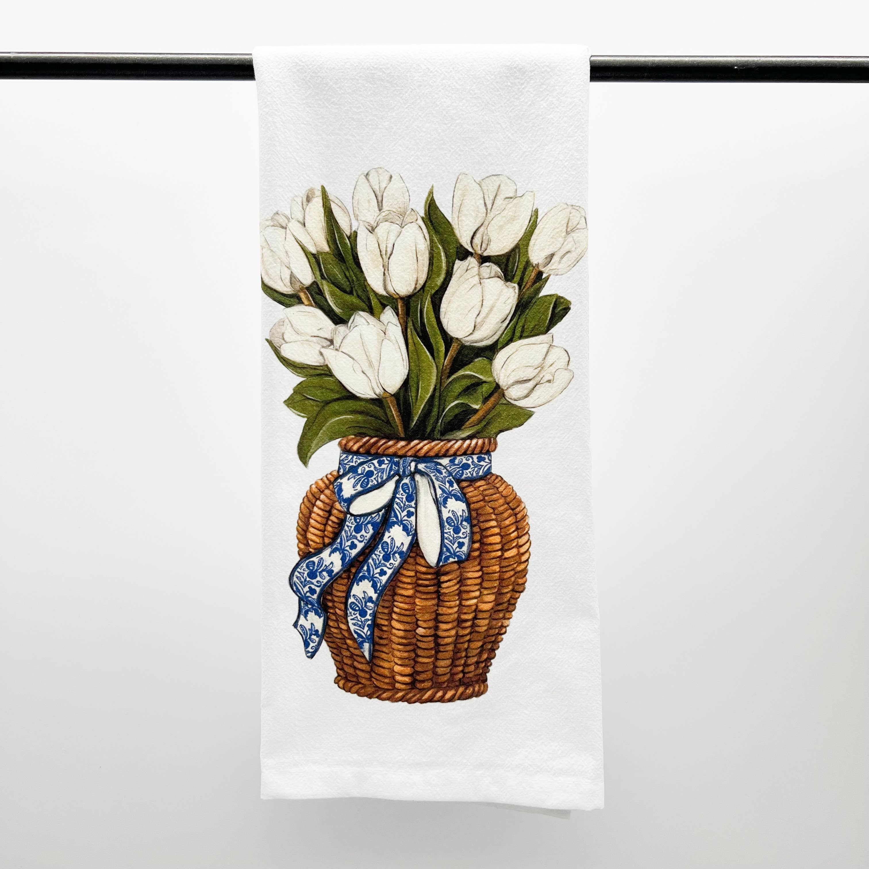 Home Malone - White Tulips Tea Towel-Pretty Floral Spring Flower Basket: Without Towel Band - Image 3