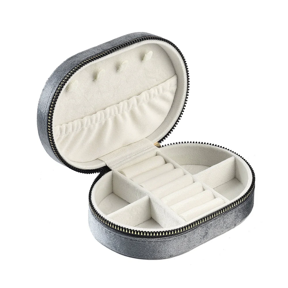 Italian Velvet Double Layers Jewelry Set Storage Zipper Boxes, Oval Jewelry Organizer Case for Earrings, Rings, Bracelets - Image 9