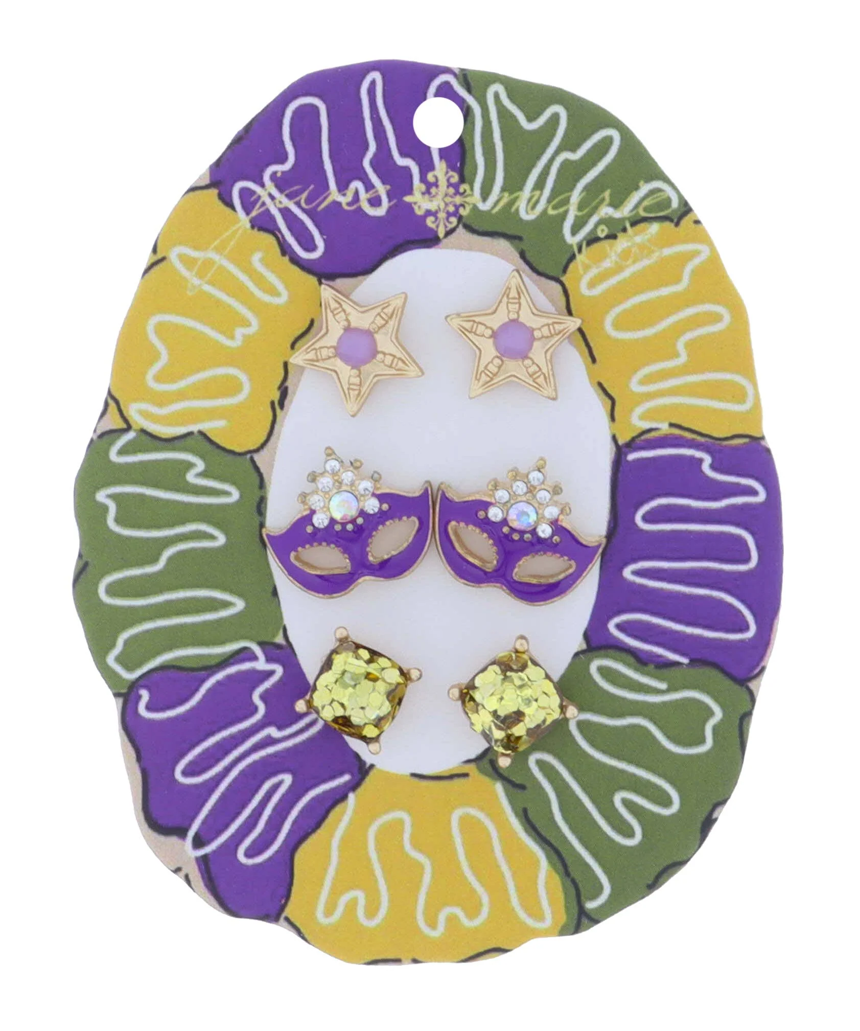 Jane Marie - Kids 3 Stud Set, Star, Purple Mask, Gold Glitter Earrings