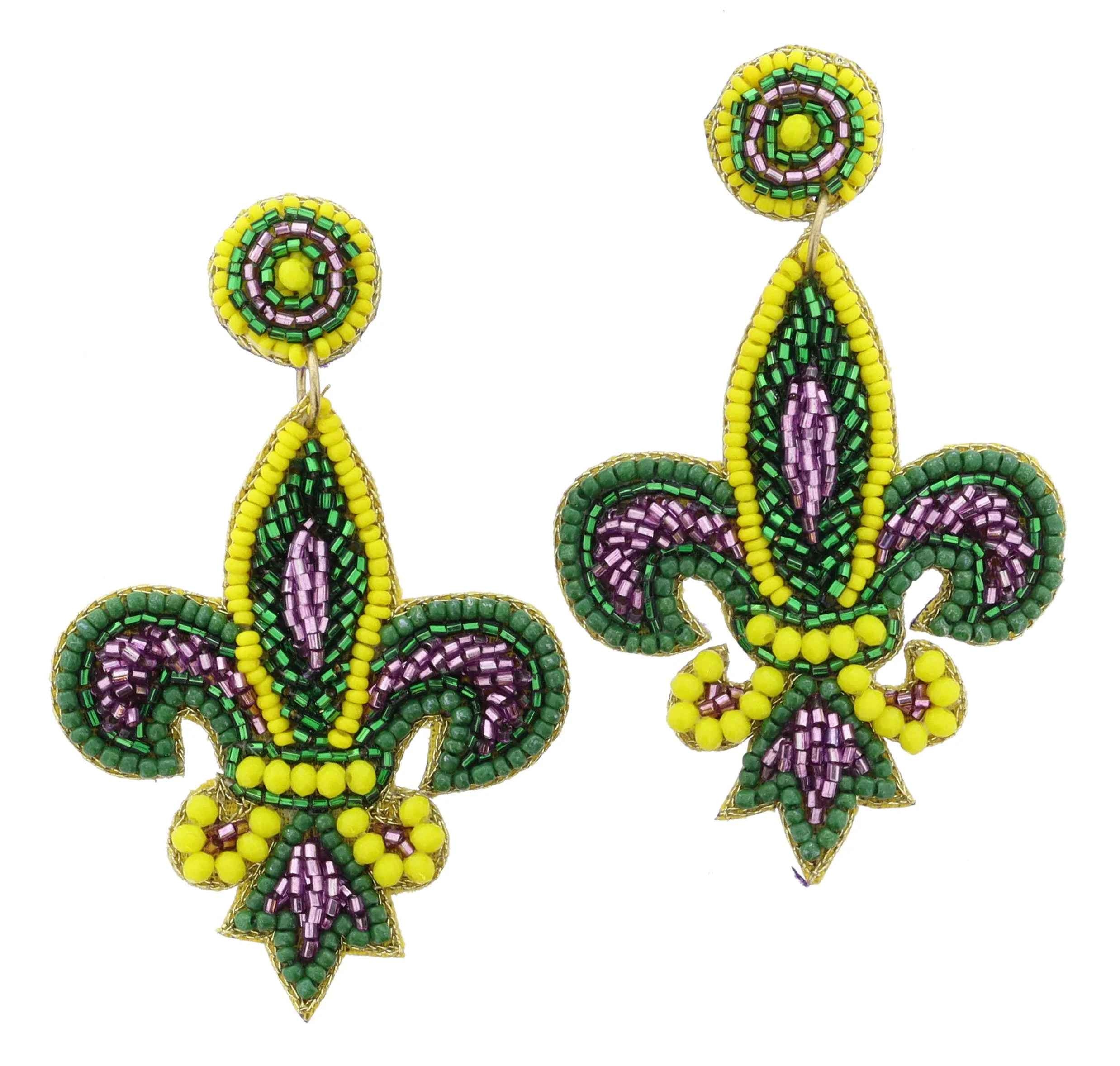Jane Marie - Multi Green, Yellow, Purple Beaded Fleur De Lis Earrings