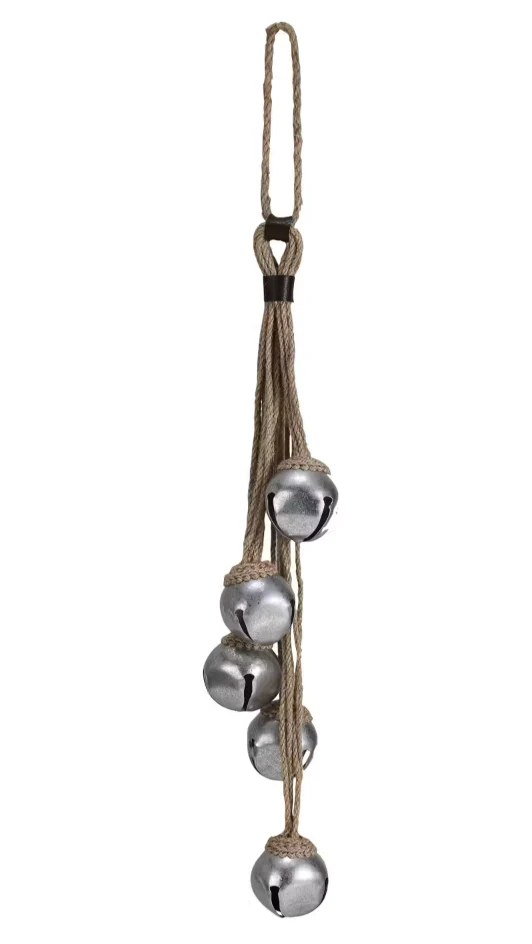 Jute Rope Door Hanger w/ 5 Jingle Bells, Silver Finish
