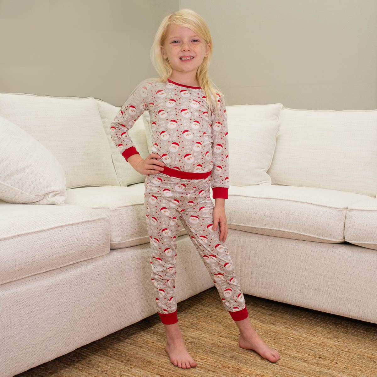 Kid's Cheerful Santa Long Sleeve Pajamas    Light Gray/True Red 2T
