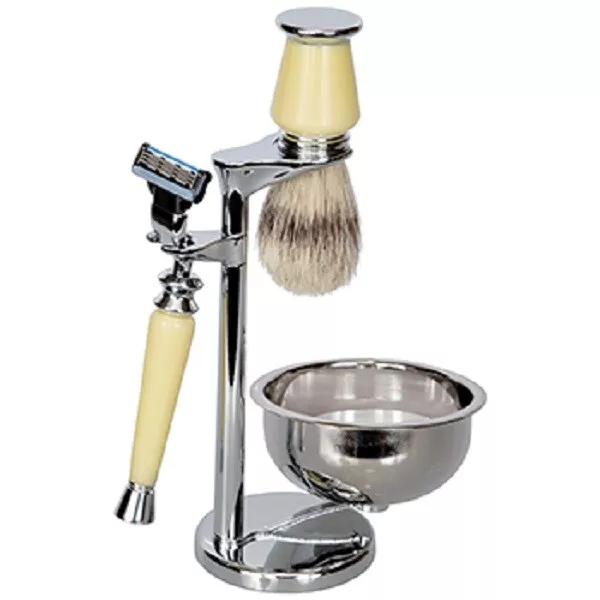 Kingsley, FAUX IVORY & CHROME 5pc. Shave Set,FUSION Razor Stand Bowl Brush Soap