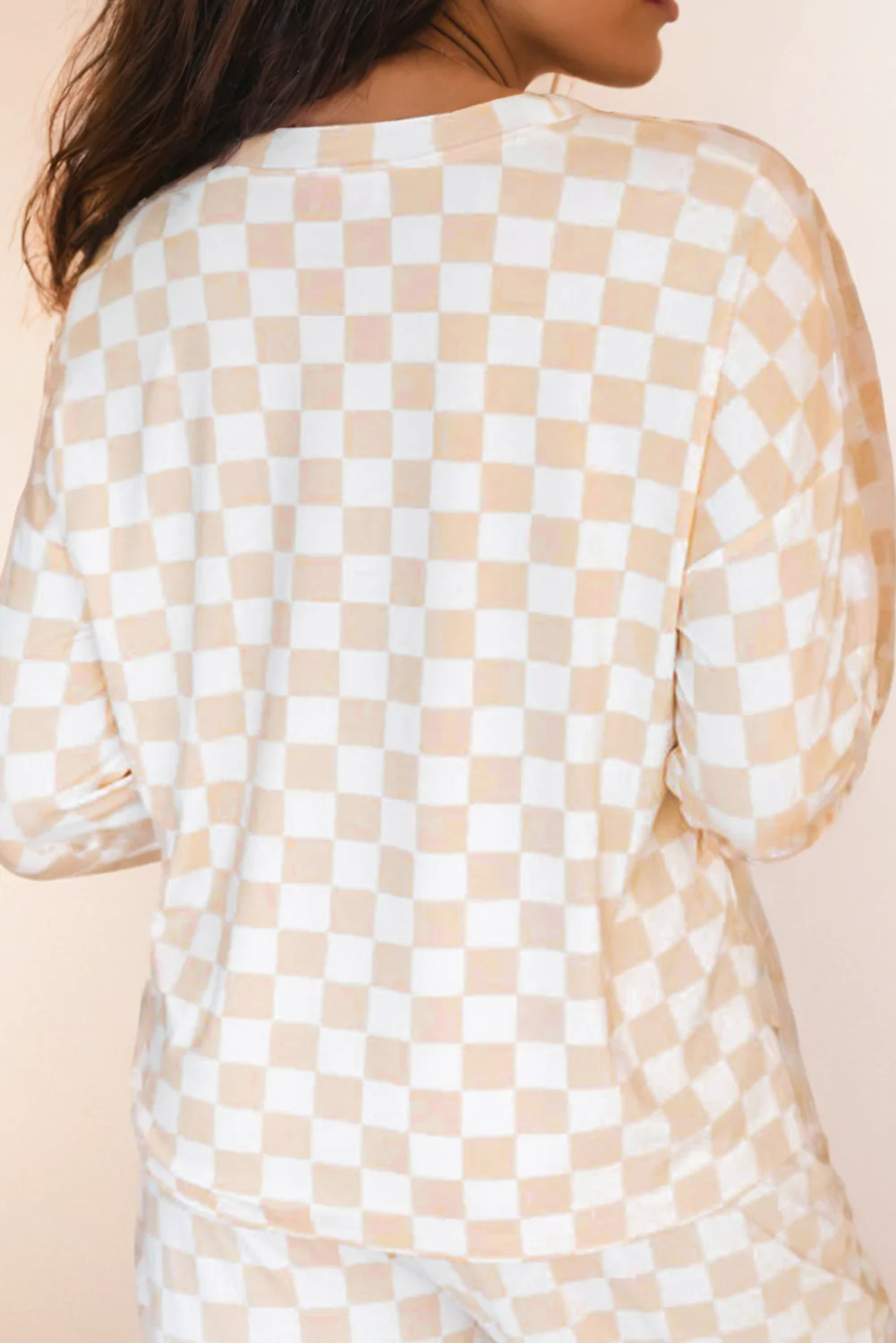 LA Society - Checkered Print Long Sleeve and Pants Set: Beige M - Image 2