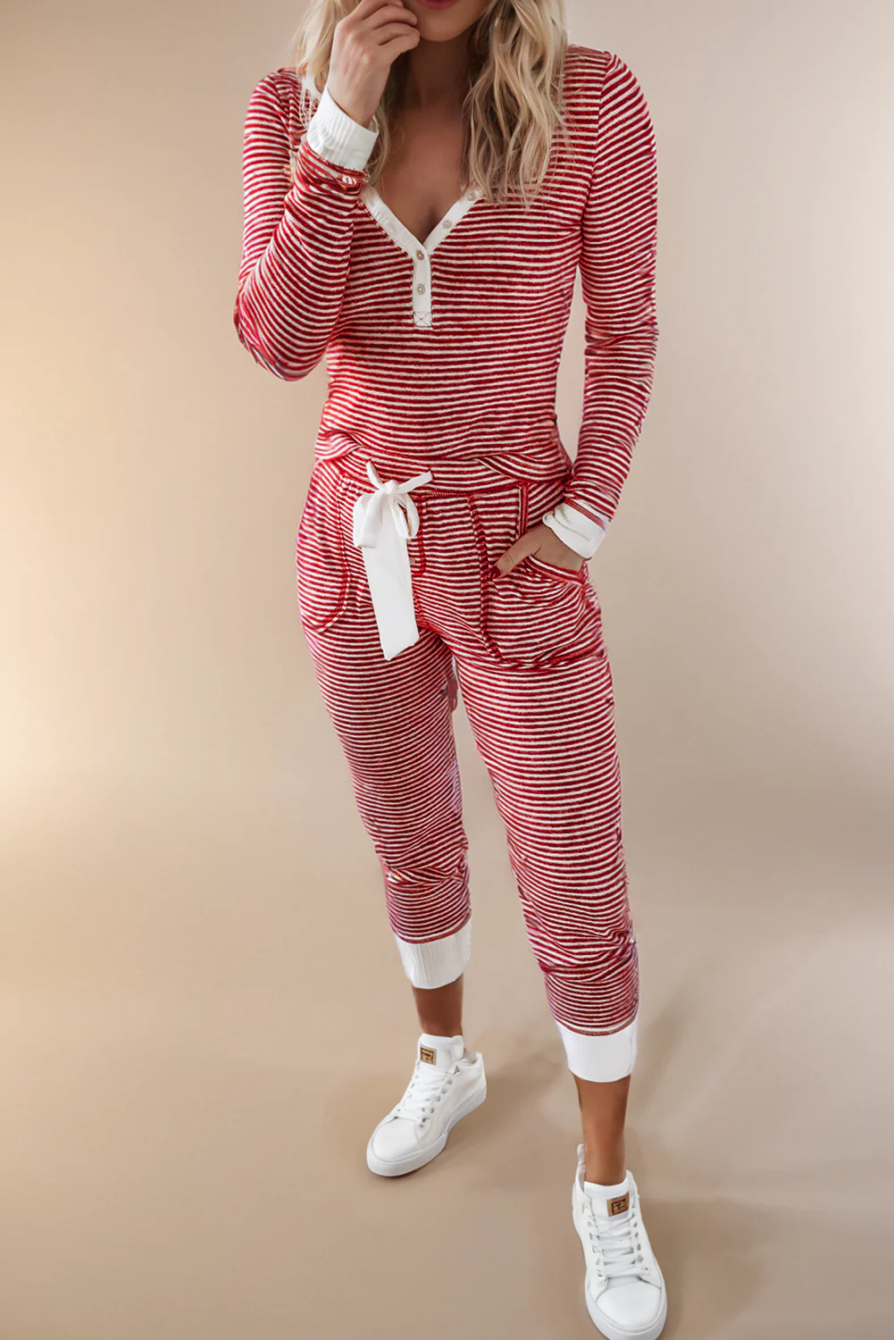 LA Society - Stripe Button V Neck and Pants Lounge Set: Red S - Image 2