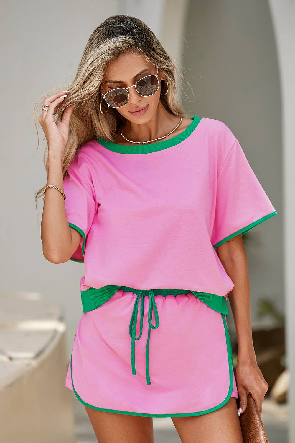 Colorblock Edge Drop Shoulder T Shirt and Skirt 2Pcs Set: Black / L - Image 5
