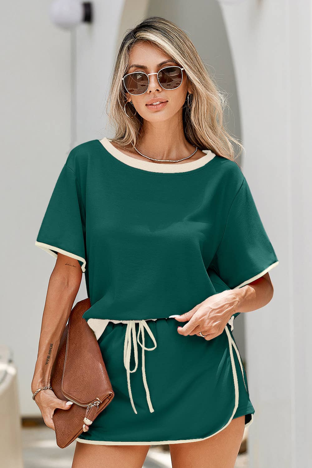 Colorblock Edge Drop Shoulder T Shirt and Skirt 2Pcs Set: Black / XL - Image 15