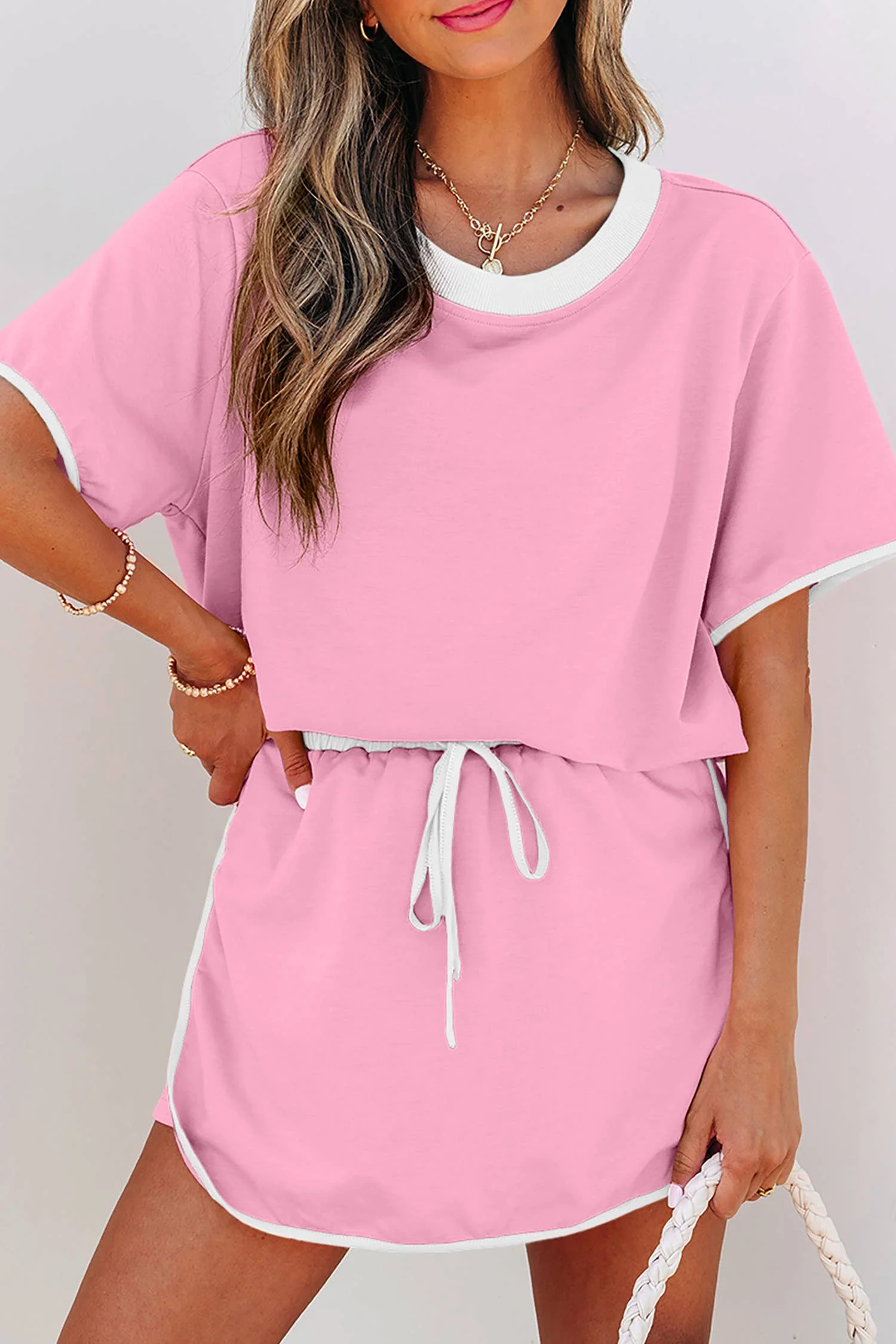 Colorblock Edge Drop Shoulder T Shirt and Skirt 2Pcs Set: Bonbon / XL - Image 3