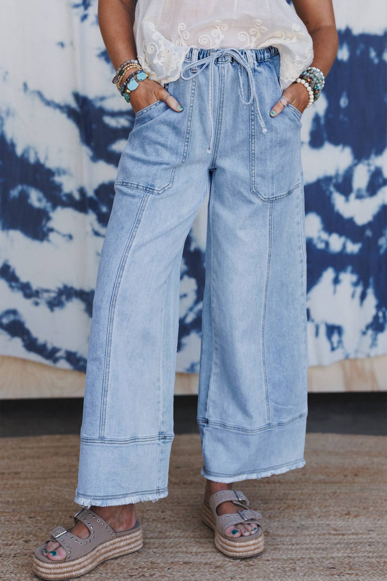 Drawstring Seam Detail Raw Hem Wide Leg Denim Pants: Beau Blue / 4 - Image 2