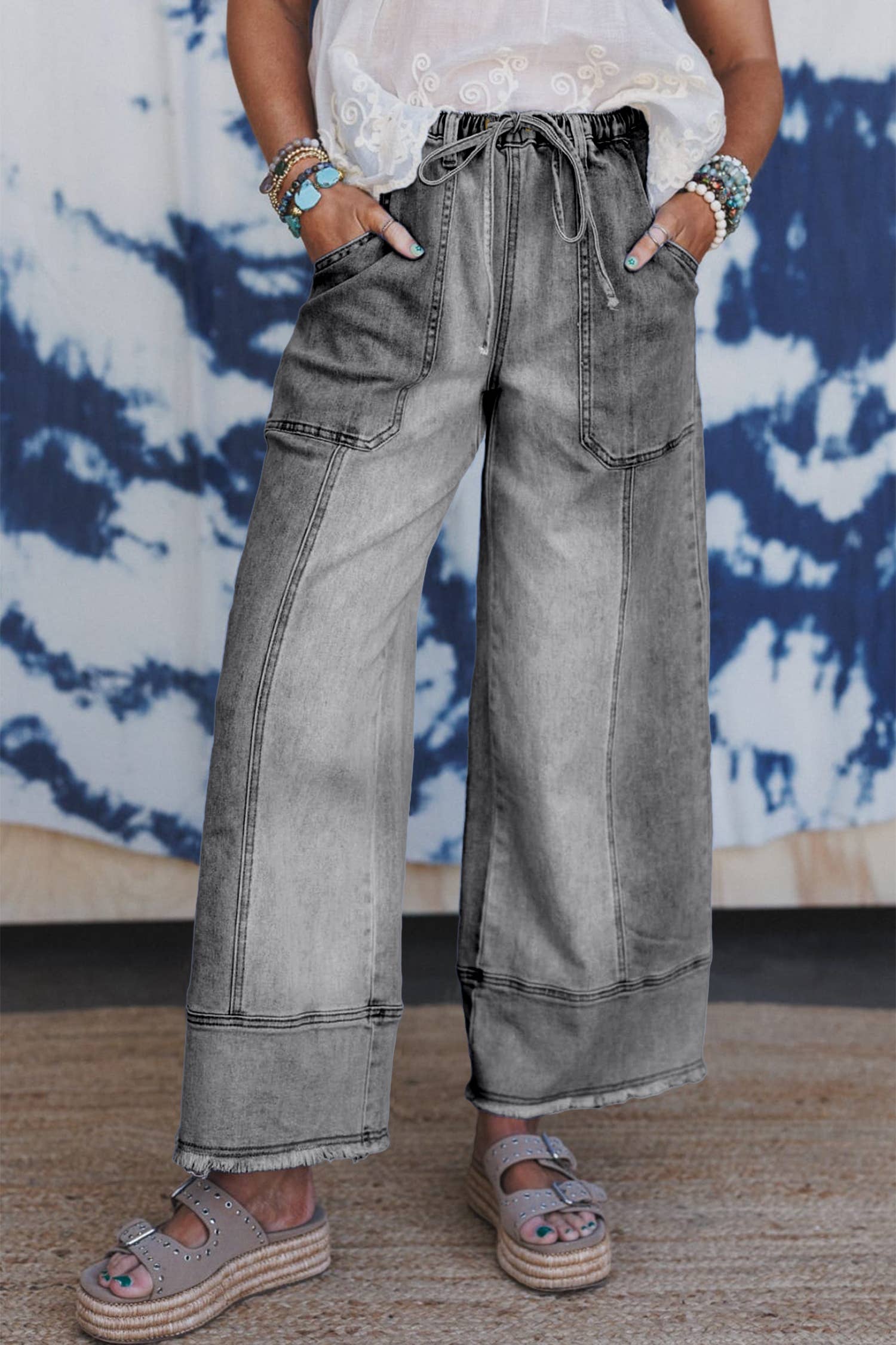 Drawstring Seam Detail Raw Hem Wide Leg Denim Pants: Beau Blue / 6 - Image 3