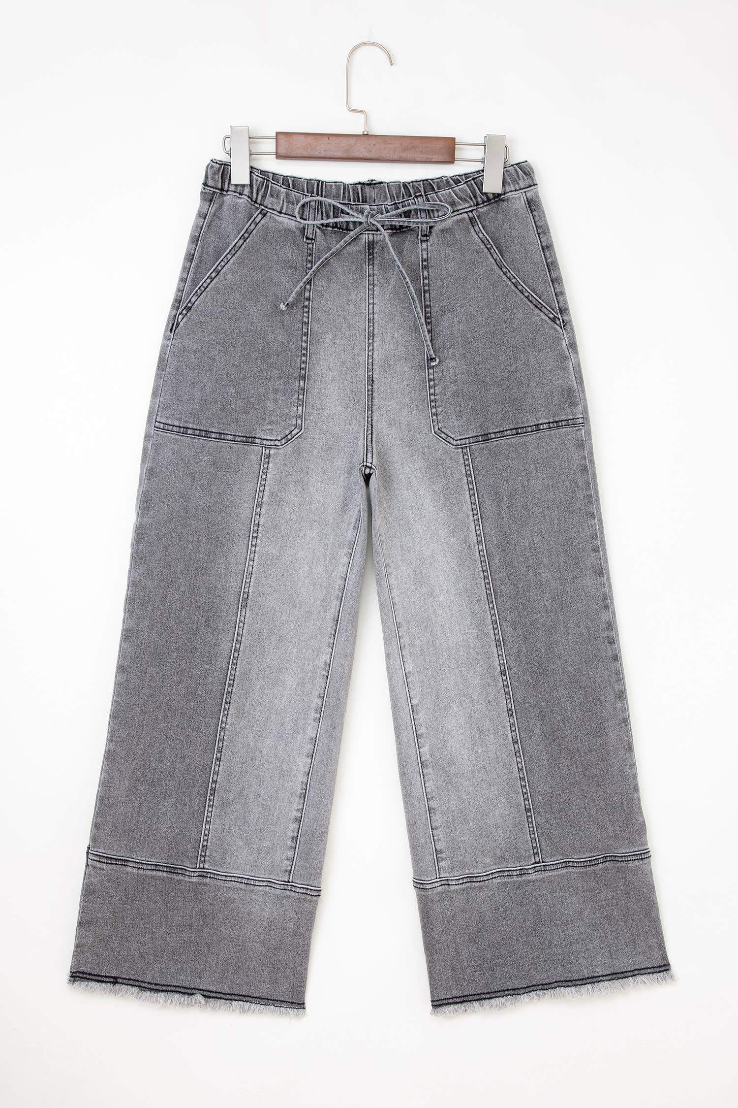 Drawstring Seam Detail Raw Hem Wide Leg Denim Pants: Beau Blue / 6 - Image 4