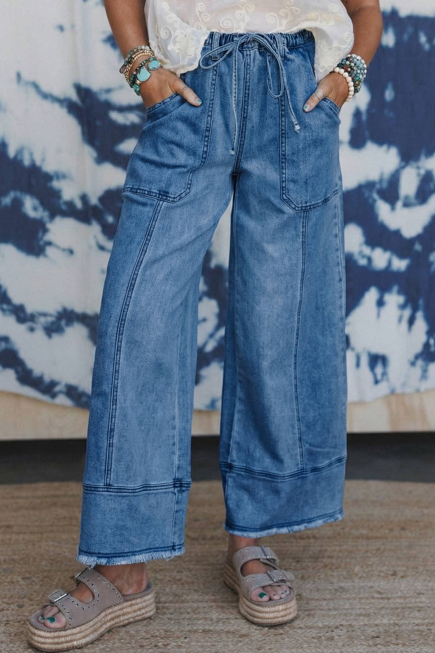 Drawstring Seam Detail Raw Hem Wide Leg Denim Pants: Beau Blue / 8 - Image 8