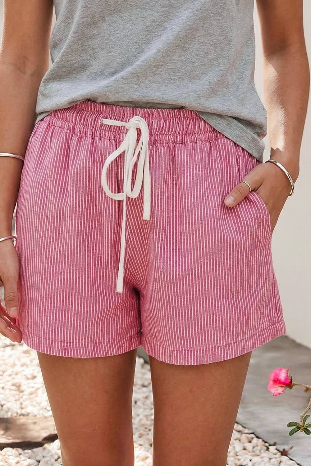 Stripe Drawstring Elastic Waist Casual Denim Shorts|S-4X: Sky Blue Stripe / L - Image 15