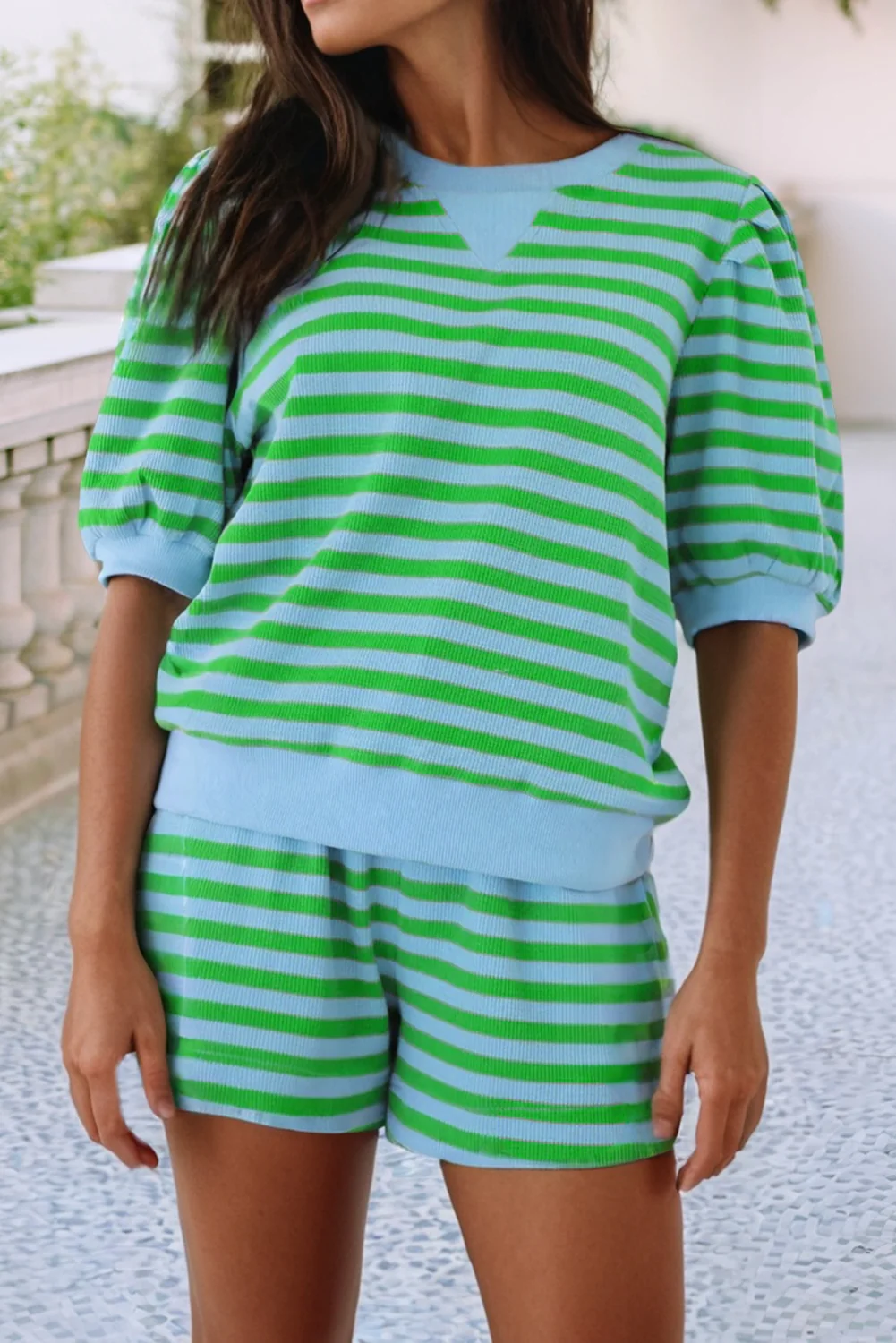 Stripe Spring Puff Sleeve Shirt Matching Shorts Set|S-4X: Green Stripe / M - Image 9