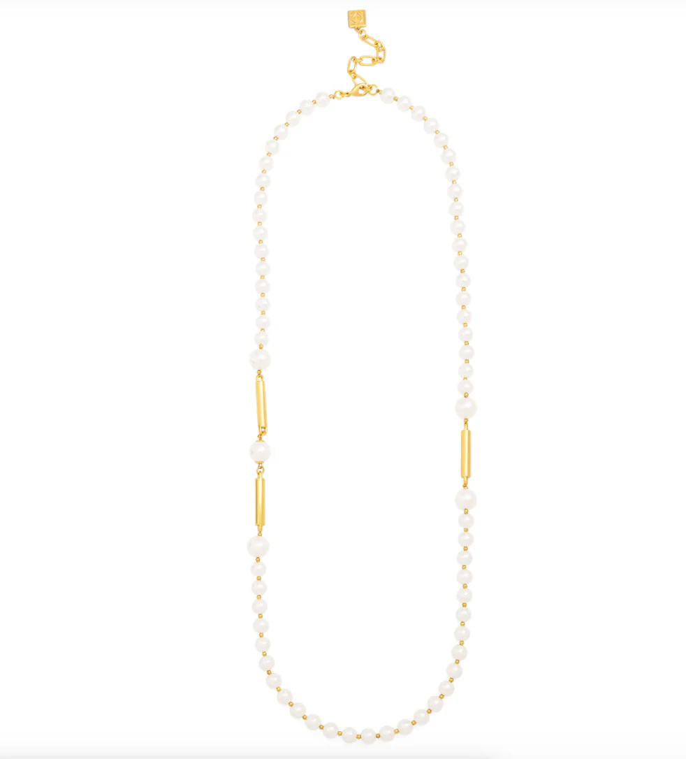 Long Pearl and Gold Bar Necklace - Image 3