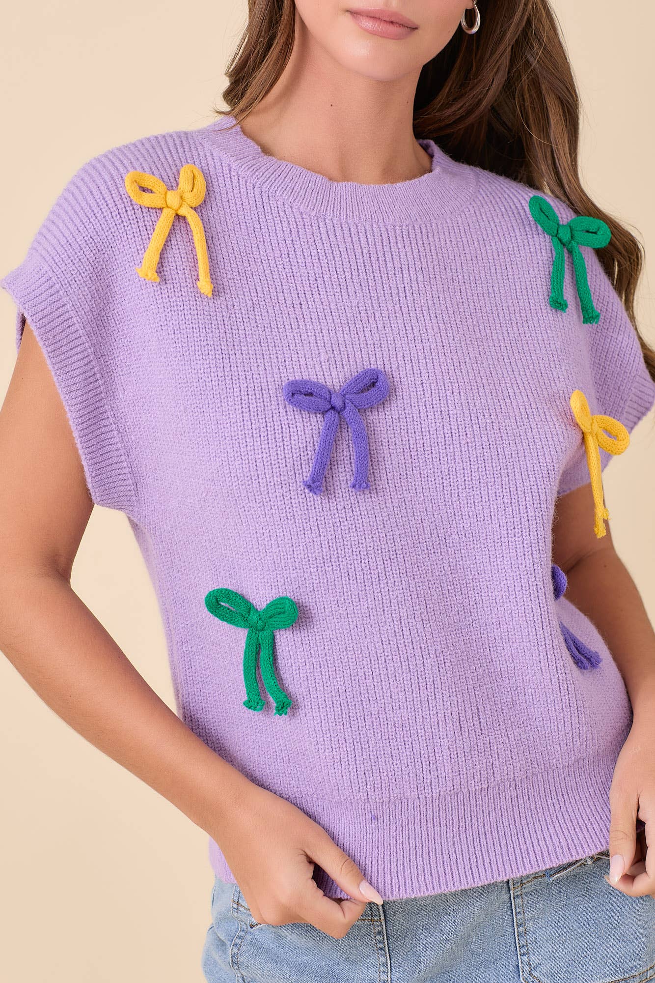 Main Strip - Mardi Gras Ribbon Bow Knit Top: PURPLE / S - Image 3
