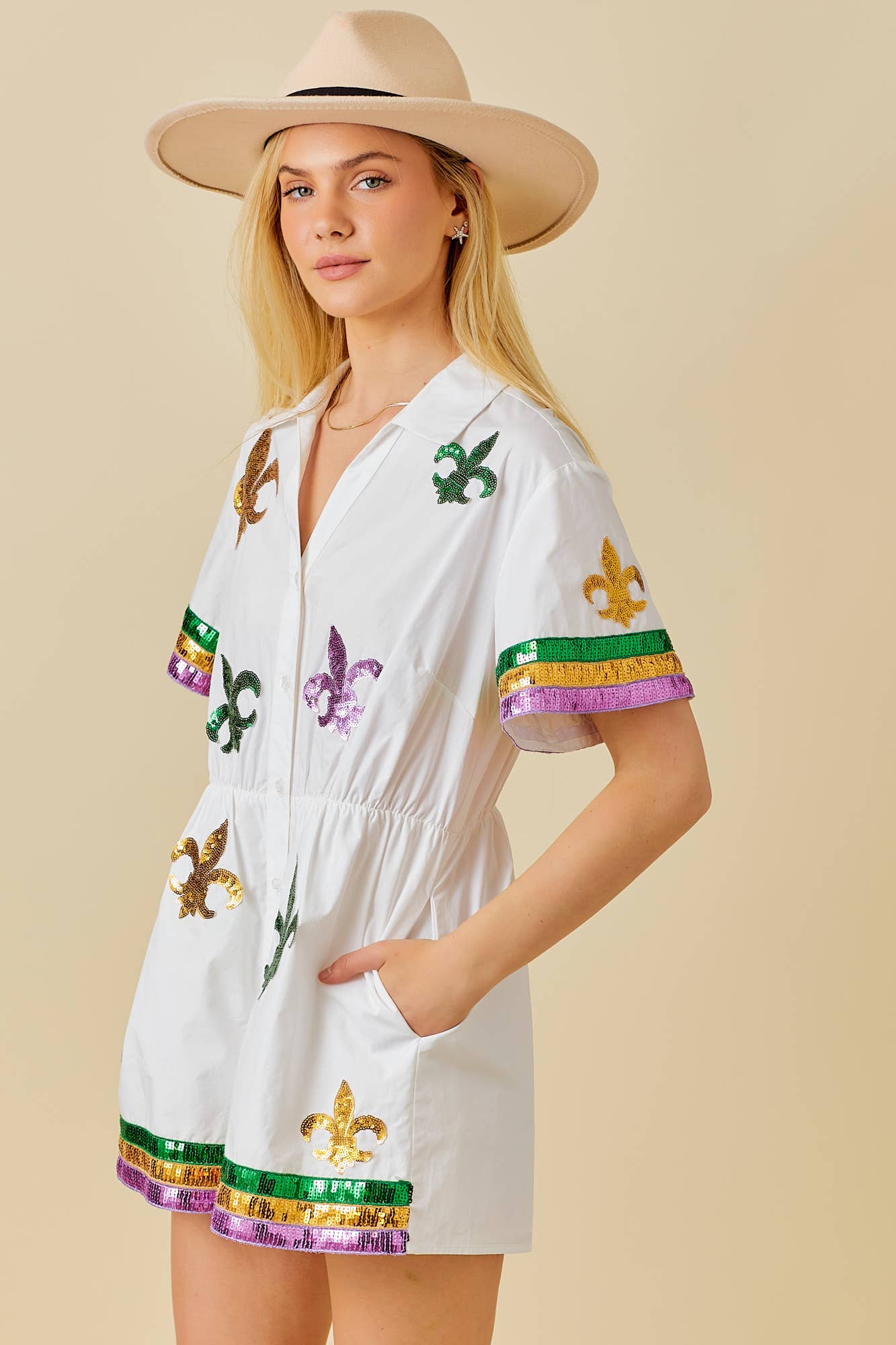 Main Strip - Mardi Gras Sequin Trim Solid Romper: WHITE / L - Image 11