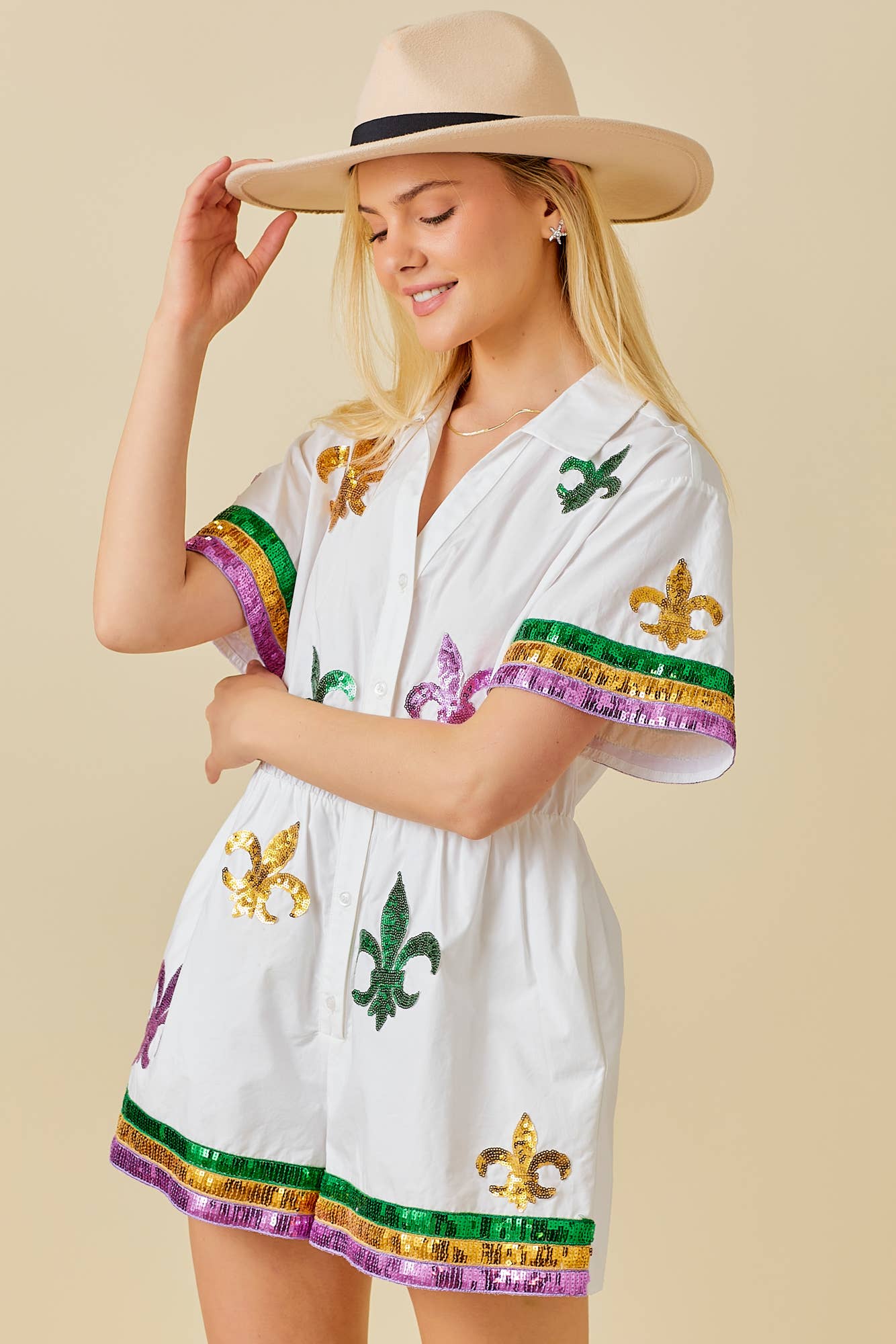 Main Strip - Mardi Gras Sequin Trim Solid Romper: WHITE / L - Image 7