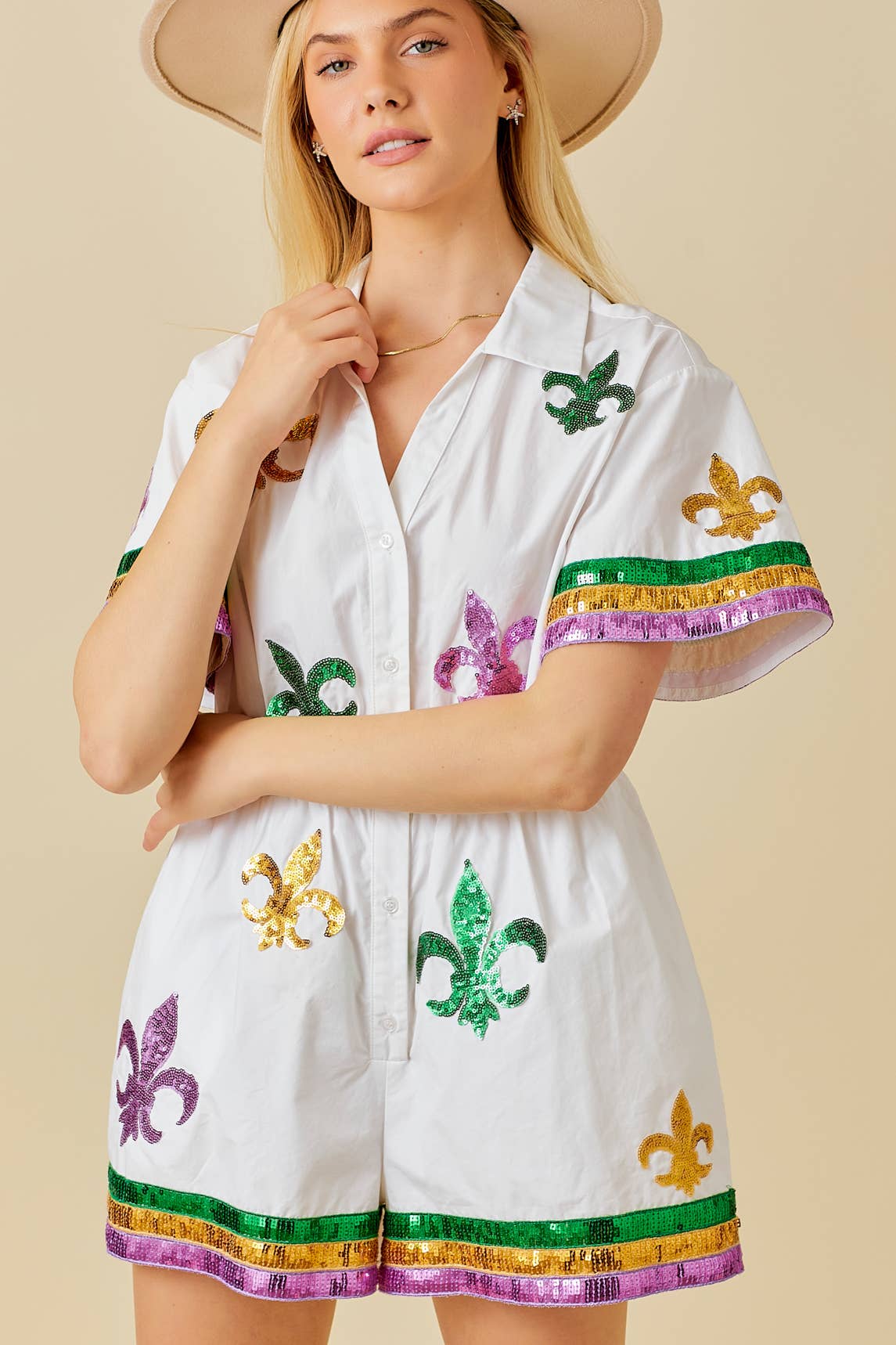 Main Strip - Mardi Gras Sequin Trim Solid Romper: WHITE / M