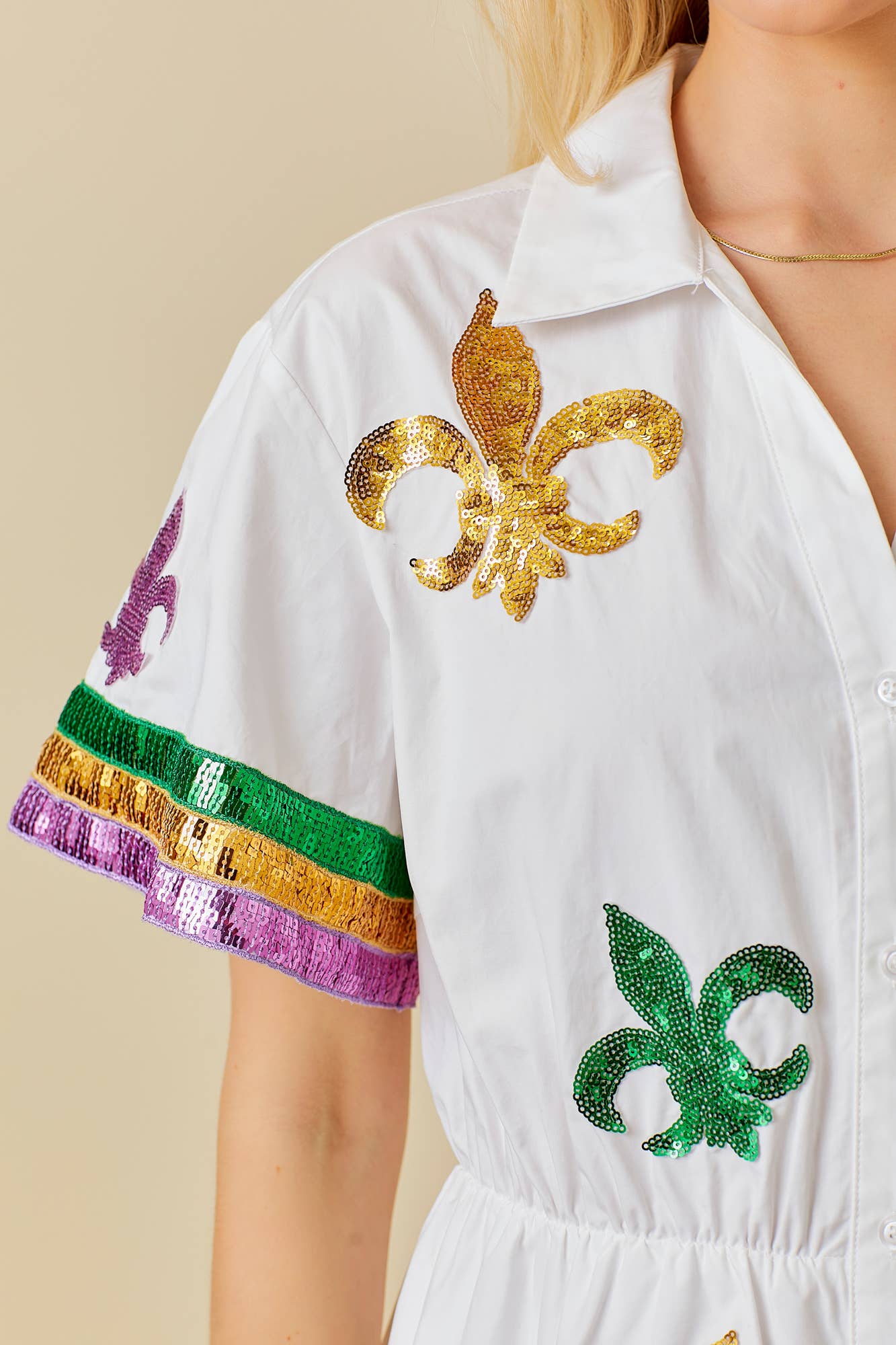 Main Strip - Mardi Gras Sequin Trim Solid Romper: WHITE / M - Image 3