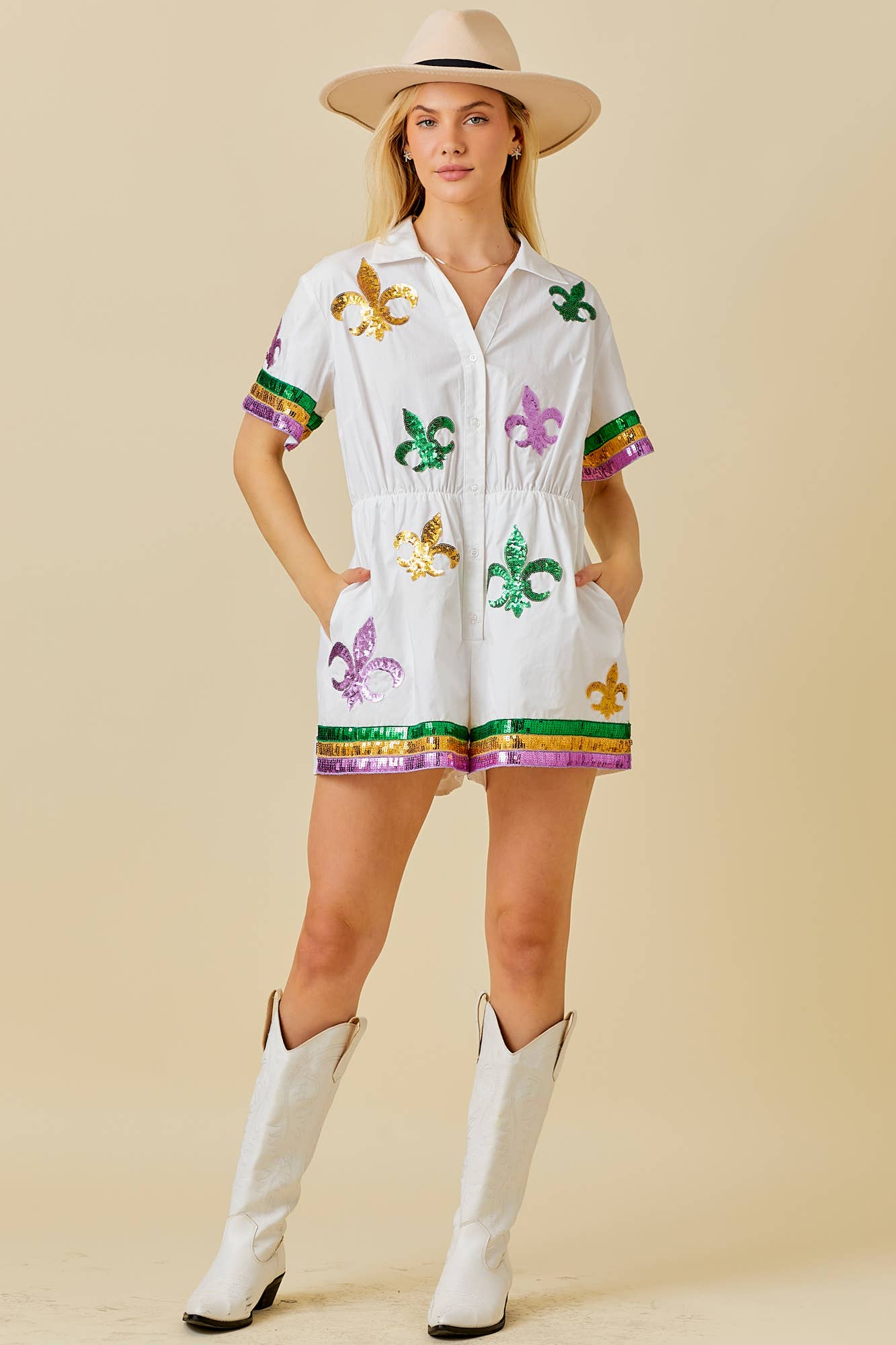 Main Strip - Mardi Gras Sequin Trim Solid Romper: WHITE / M - Image 9