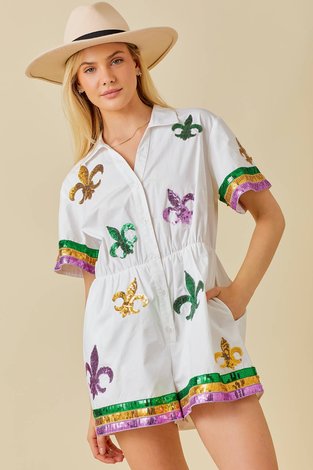 Main Strip - Mardi Gras Sequin Trim Solid Romper: WHITE / S - Image 13