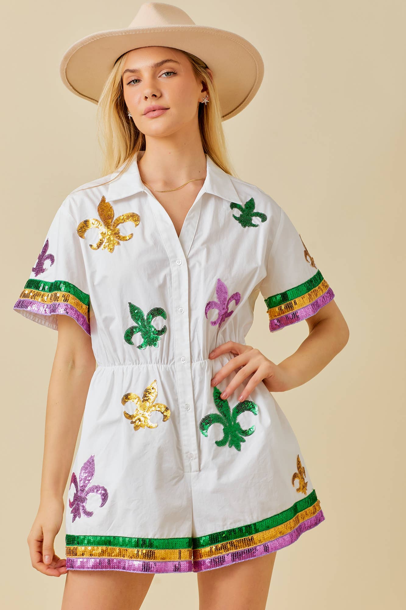 Main Strip - Mardi Gras Sequin Trim Solid Romper: WHITE / S - Image 15