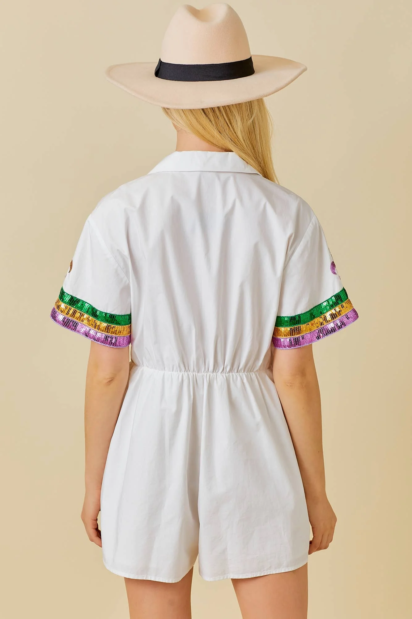 Main Strip - Mardi Gras Sequin Trim Solid Romper: WHITE / S - Image 2