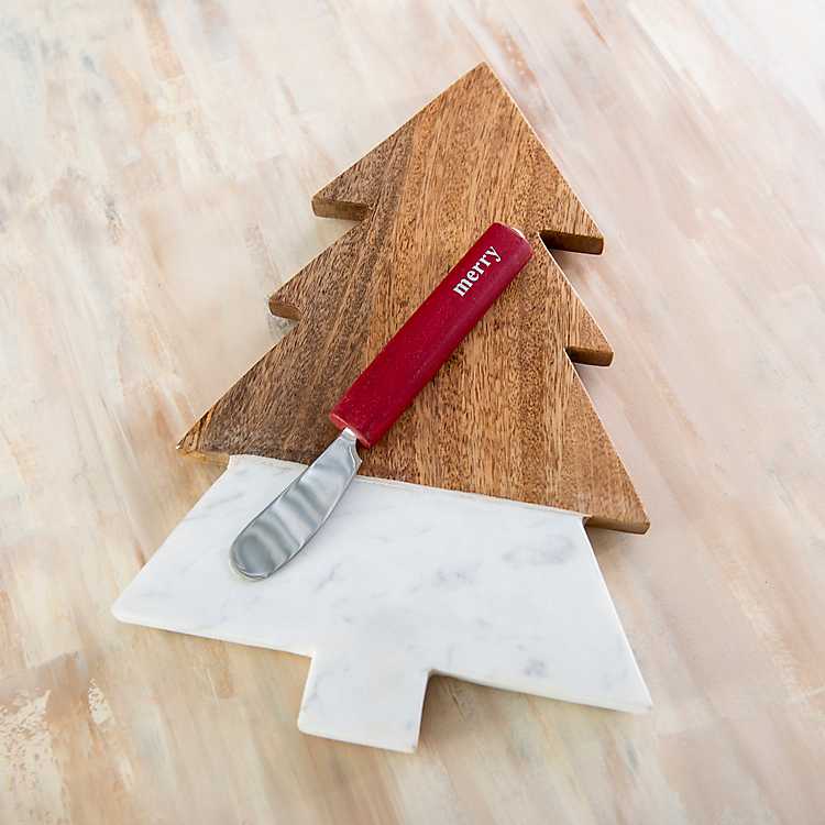 Marble and Wood Tree Serving Board w/ Spreader A/2 Colors