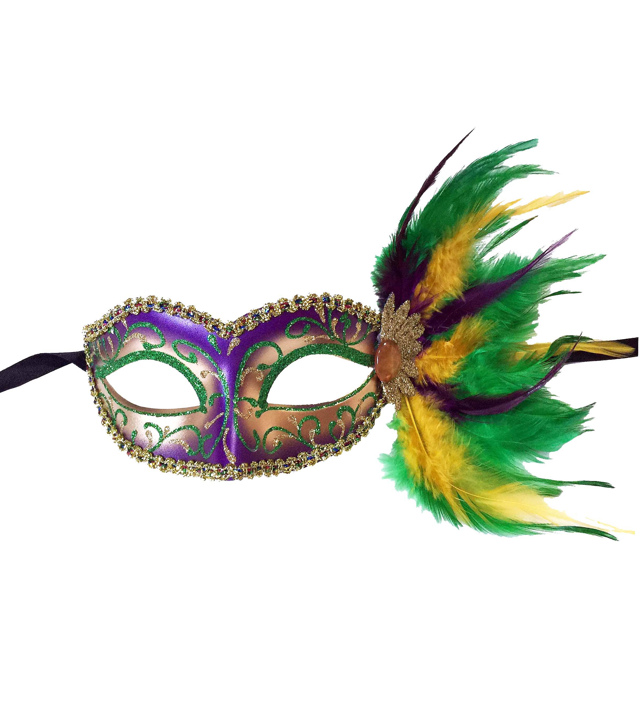 Mardi Gras Creations - Glitter Swirl Eyelet Mask With Side Feathers: Turquoise - Image 2