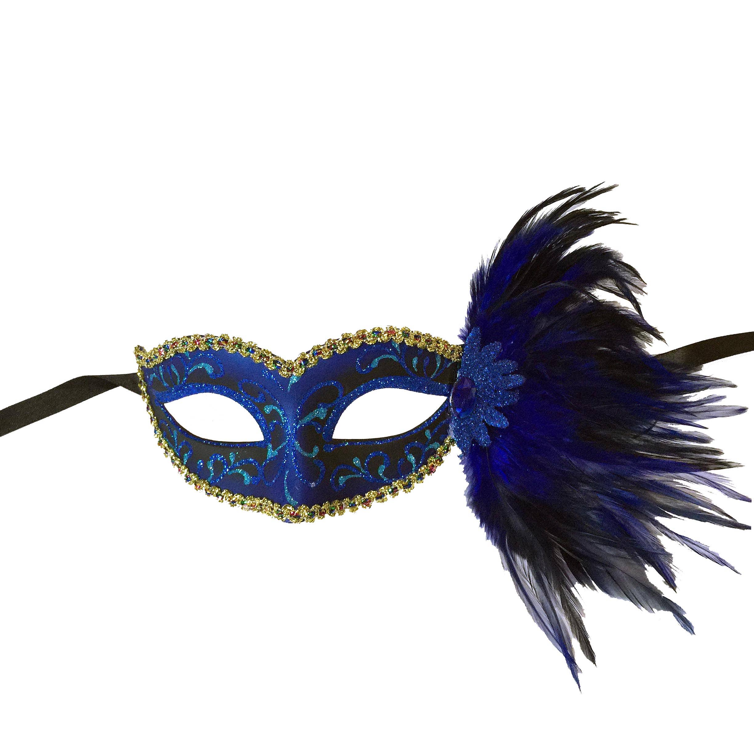 Mardi Gras Creations - Glitter Swirl Eyelet Mask With Side Feathers: Turquoise - Image 3