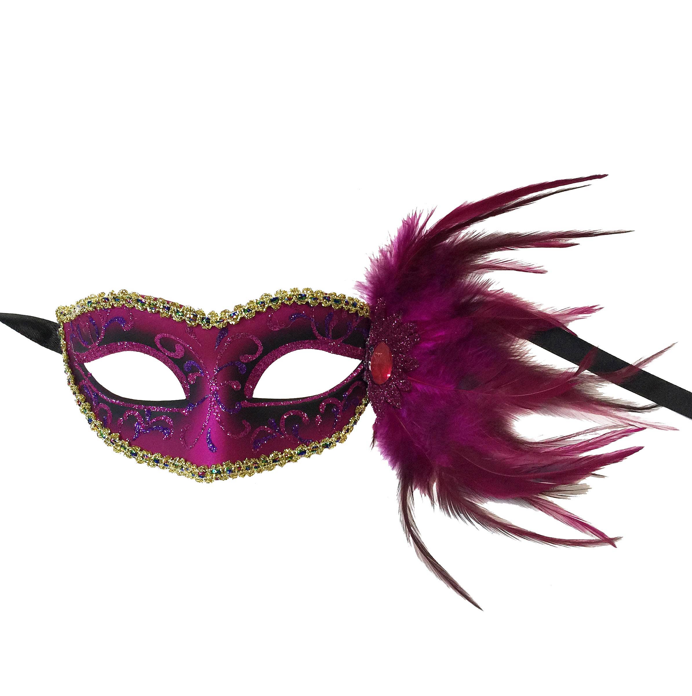 Mardi Gras Creations - Glitter Swirl Eyelet Mask With Side Feathers: Turquoise - Image 5