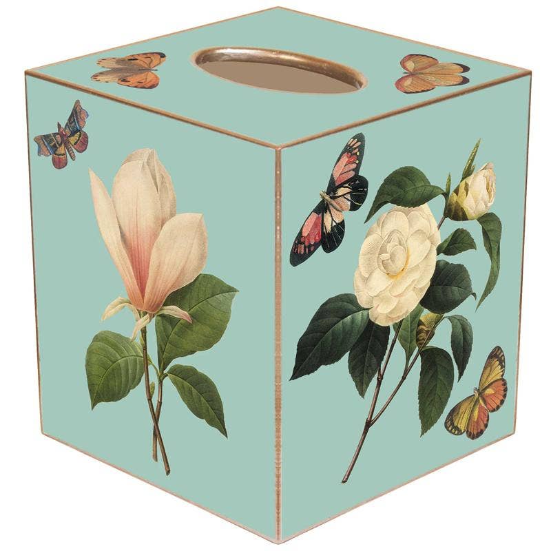 Marye-Kelley - Aqua Floral Tissue Box Cover: Paper Mache