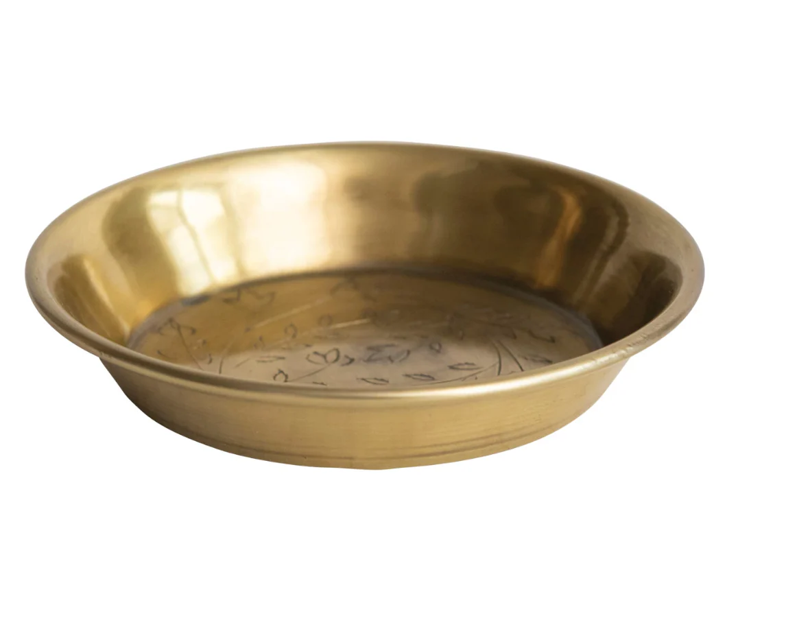 Metal Dish w/ Etched Floral Design, Antique Brass Finish - Image 2