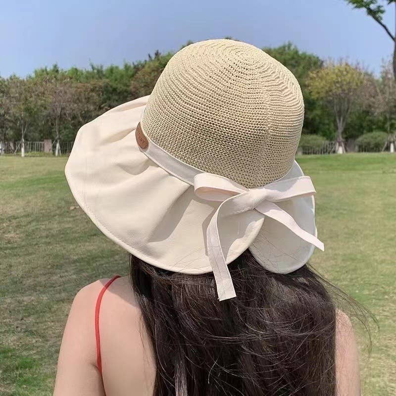 MKS America - Large Brim Bucket Hat Bow Tie Women's Hat: Beige - Image 4