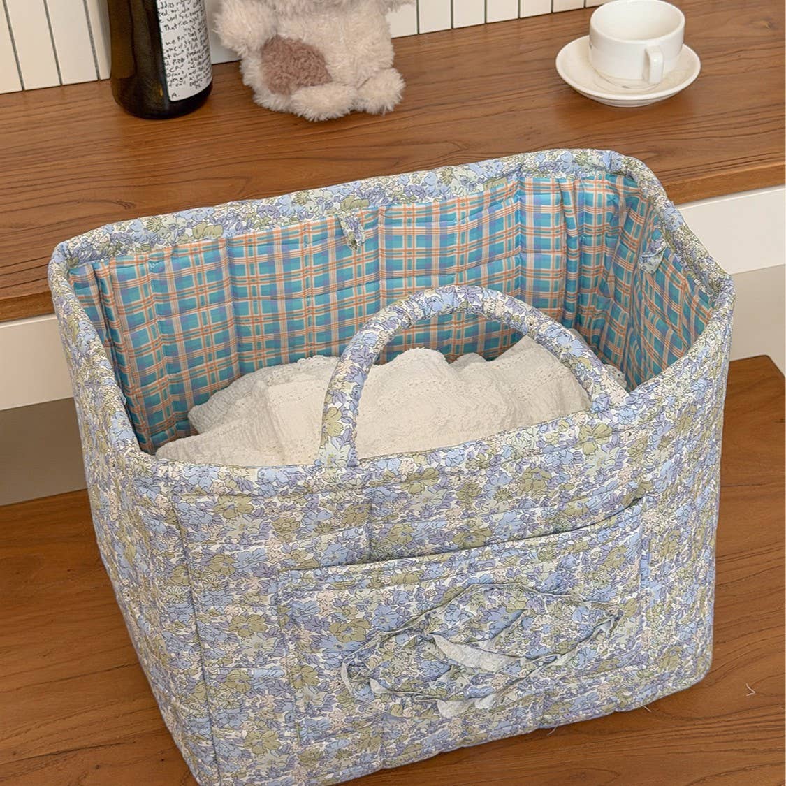 MKS America - Quilted Floral Laundry Basket Foldable Storage Basket: Blue / M