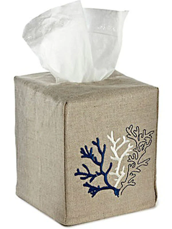 Natural Tissue Box Cover- Coral/Blue