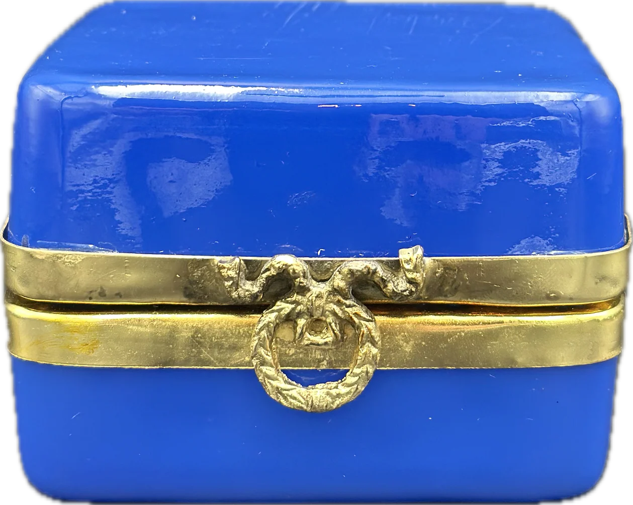 Opaline Square Blue Box with Brass Wreath