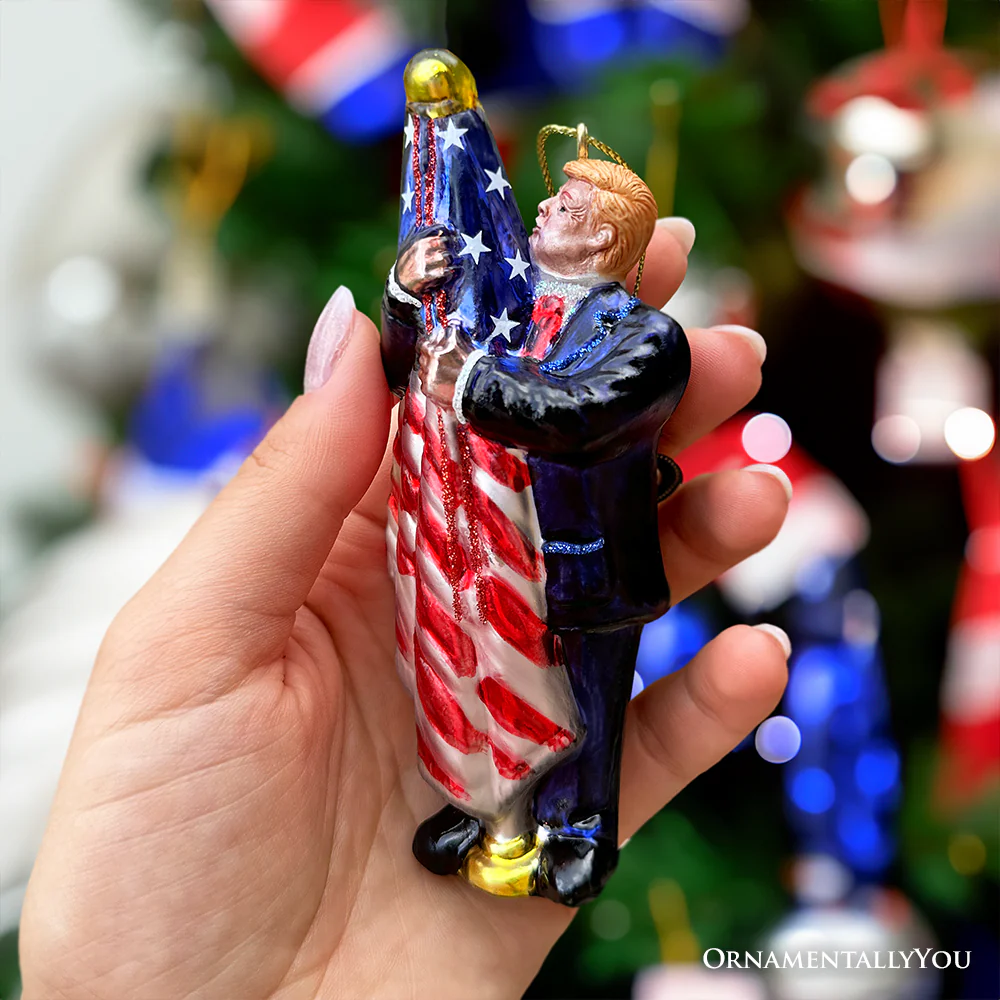 OrnamentallyYou - Donald Trump Kissing the American Flag Glass Ornament - Image 3