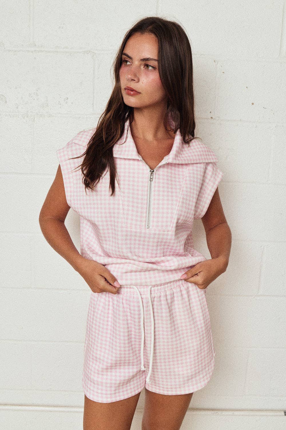 Papermoon - PX17846-3 - Gingham Zip Up Top Short Set: PINK / S-M-L (3-2-1) - Image 2