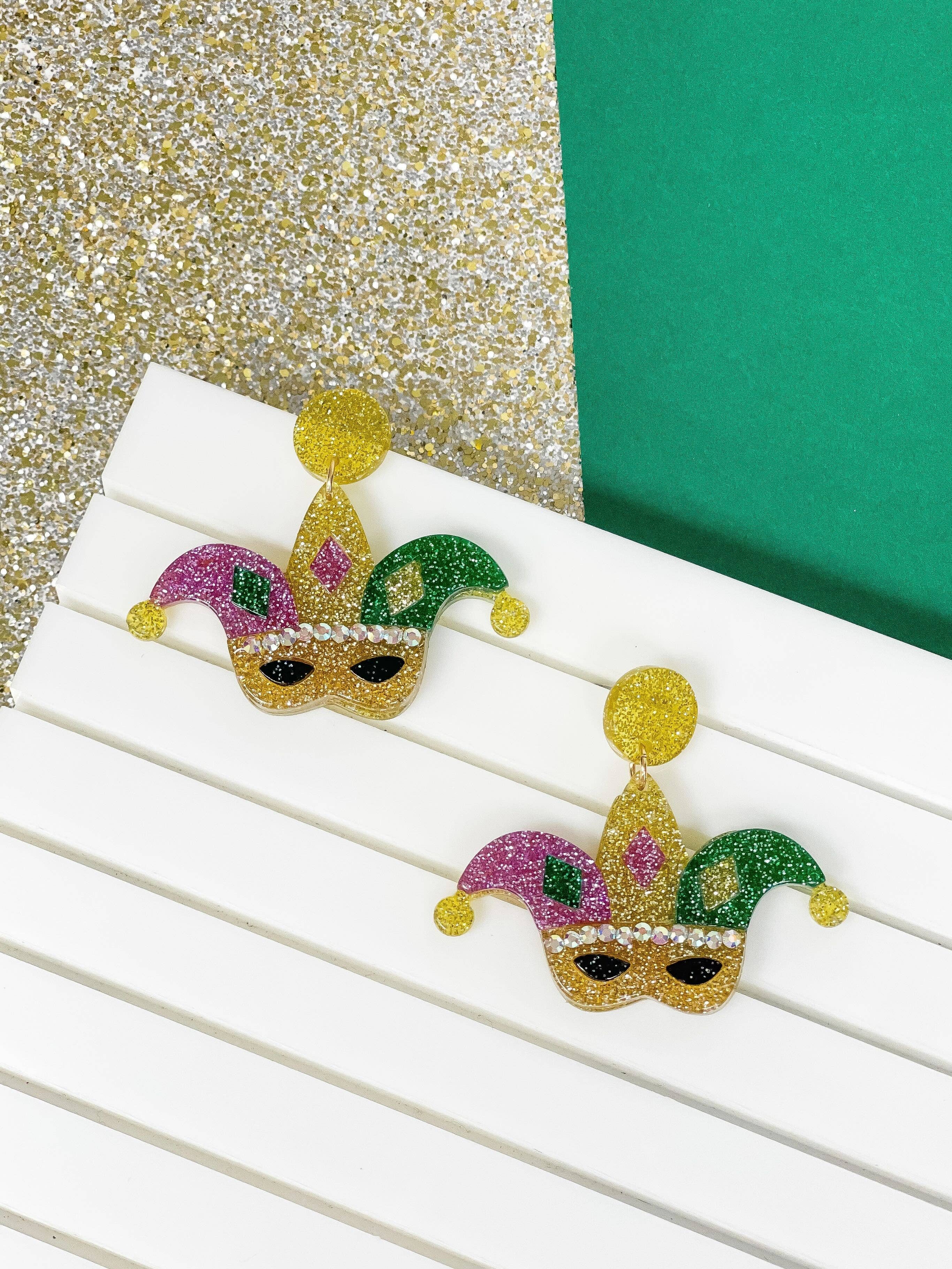 Prep Obsessed Wholesale - Shimmer Mardi Gras Mask Dangle Earrings
