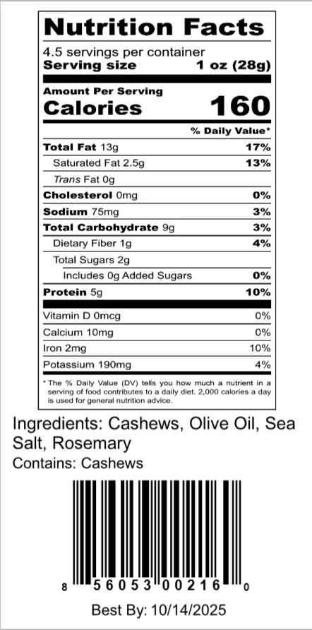 Q's Nuts, LLC - 4.5 oz Rosemary with Sea Salt Cashew - Image 2