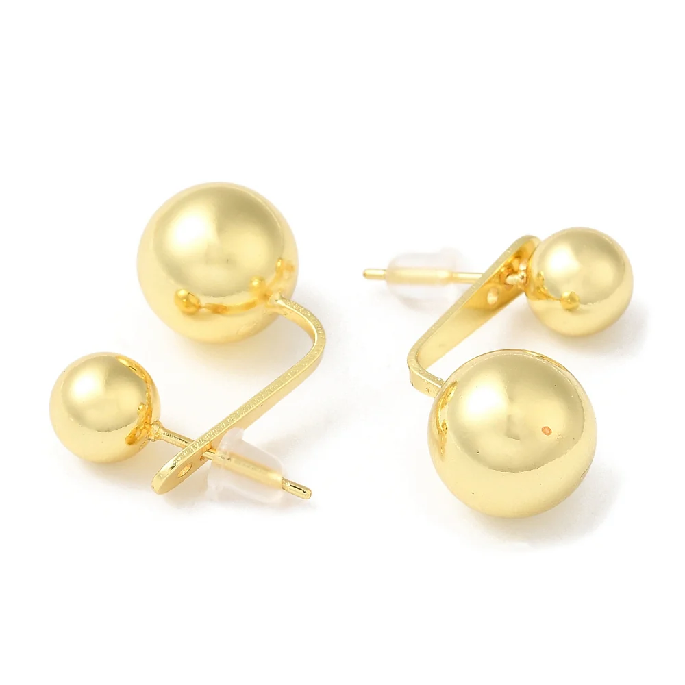 Rack Plating Brass Round Ball Front Back Stud Earrings, Dangle Stud Earrings, Real 18K Gold Plated, 23.5x11.5mm - Image 2