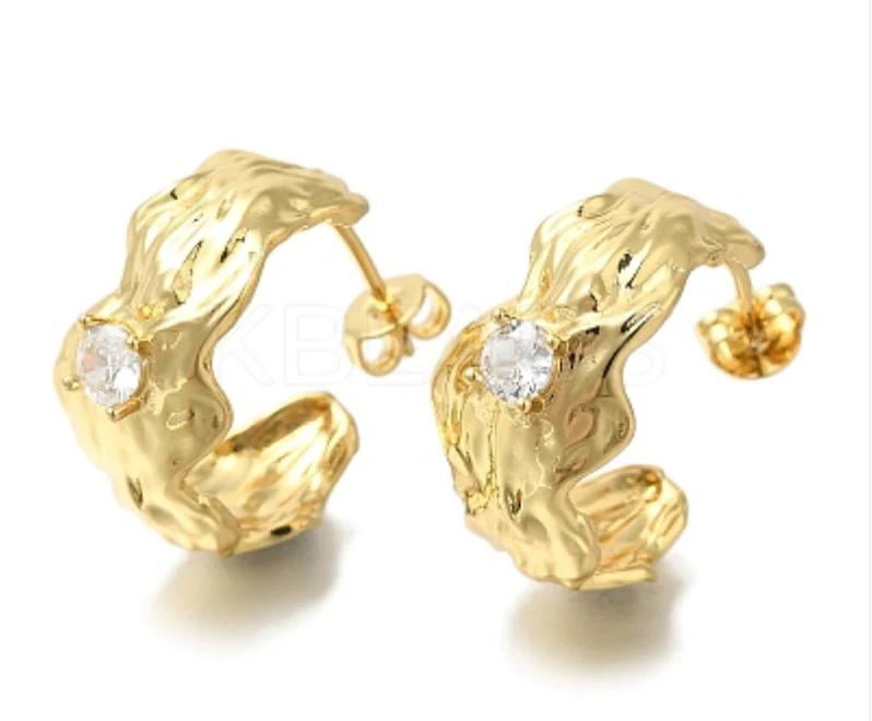 Rack Plating C-Shaped Brass Pave Clear Cubic Zirconia Stud Earrings, Long-Lasting Plated, Lead Free & Cadmium Free, Real 18K Gold Plated